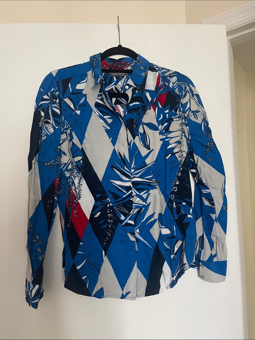 Blue Geometric Print women’s  Button-Down Shirt